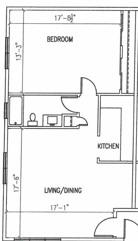 Floor plan for 1 bed, 1 bath, 577 sqft